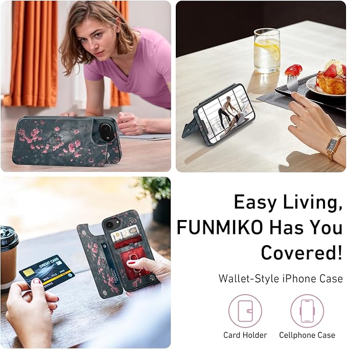 FUNMIKO for iPhone 16e Wallet Case with Card Holder, RFID-Blocking, Military-Grade Protection & UV-Printed Artwork, Magnetic Closure with Leather Kickstand - Mystic Blooming Plum