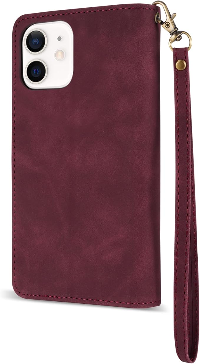 ZZXX for iPhone 12 Pro Wallet Case with Card Slot Premium Soft PU Leather Zipper Folio with Wrist Strap Kickstand Protective for iPhone 12 (Wine Red 6.1 inch)