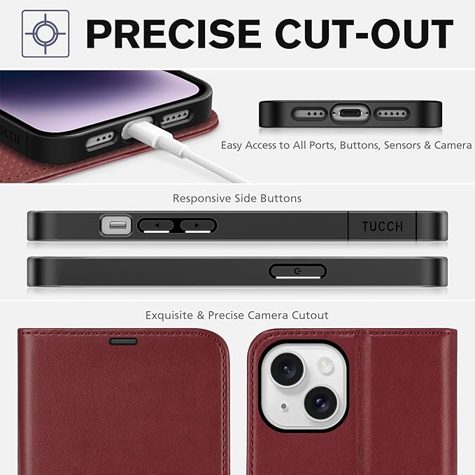 TUCCH Case Wallet for iPhone 14, [RFID Blocking] PU Leather Stand Folio Cover with 4 Card Slots [TPU Protective Interior Shell], Magnetic Flip Case Compatible with iPhone 14 5G 6.1-inch, Dark Red