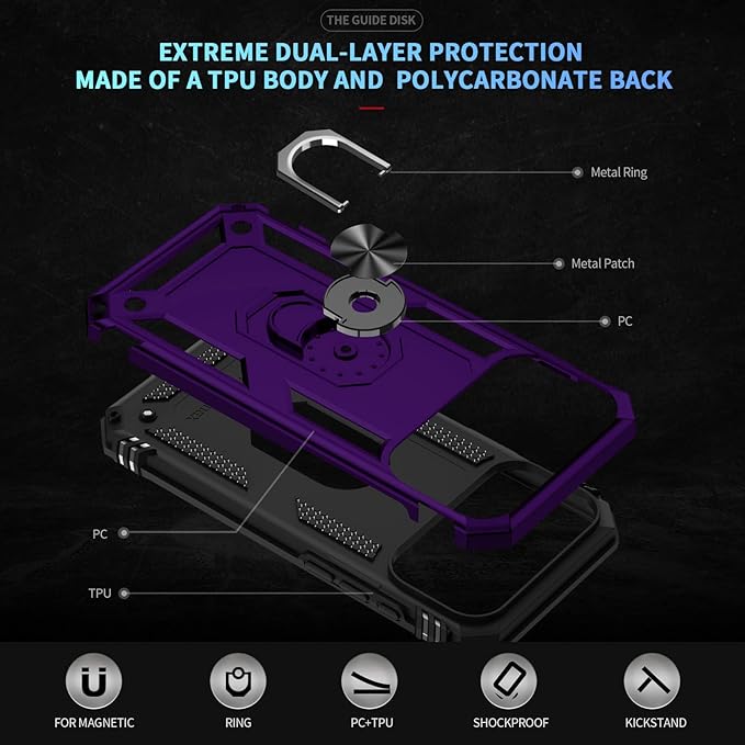 ADDIT Compatible with iPhone 17 Pro Max Case with Tempered Glass Screen Protector, Adjustable Kickstand Ring, Military-Grade Heavy Duty Protection, Shockproof, Anti-Fingerprint,Purple
