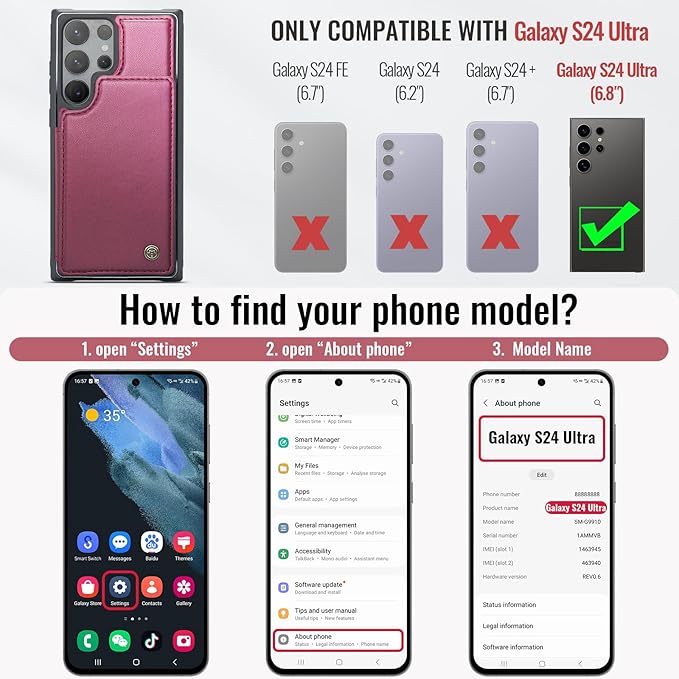 Vinich for Samsung Galaxy S24 Ultra Wallet Case with Card Holder, RFID Blocking Credit Slots Kickstand Shockproof Phone Cover for Women Men, Wine Red