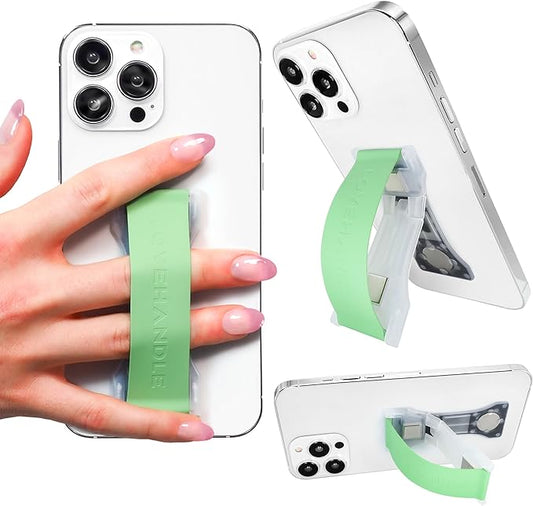 LOVEHANDLE PRO Premium Phone Grip - Silicone Phone Strap - Magnetic Phone Mount and Kickstand for Smartphone and Tablet - Fern Green Silicone on Clear Base