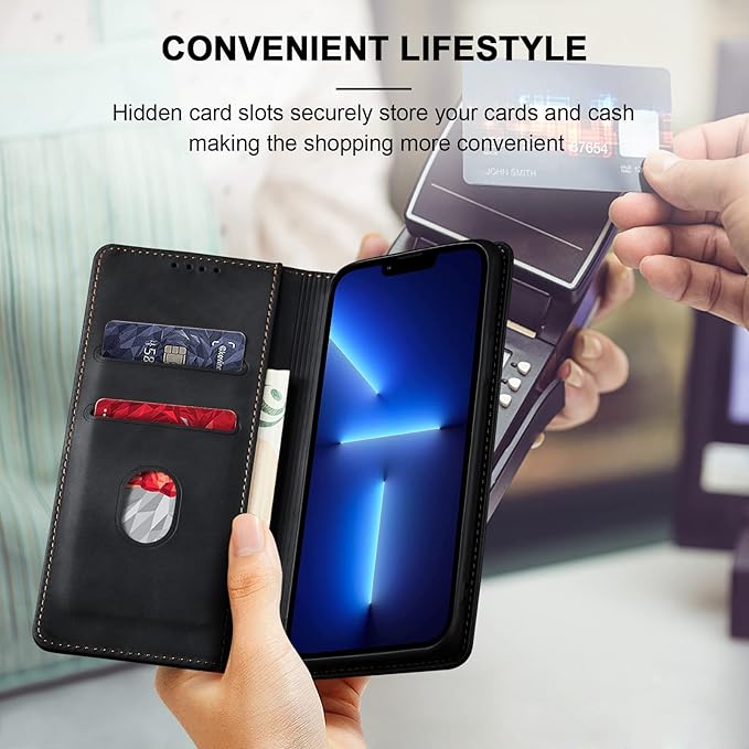 Jasonyu Flip Wallet Case for iPhone 13 Pro,Leather Magnetic Folio Cover with Card Holder,Kickstand - TPU Shockproof Durable Protective Phone Case,Black