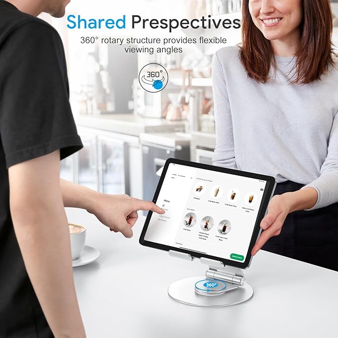 OMOTON Swivel Tablet Stand for iPad with 360 Rotating Base, Foldable Adjustable Holder for Drawing, Compatible with iPad Pro/Air/Mini and More, Silver