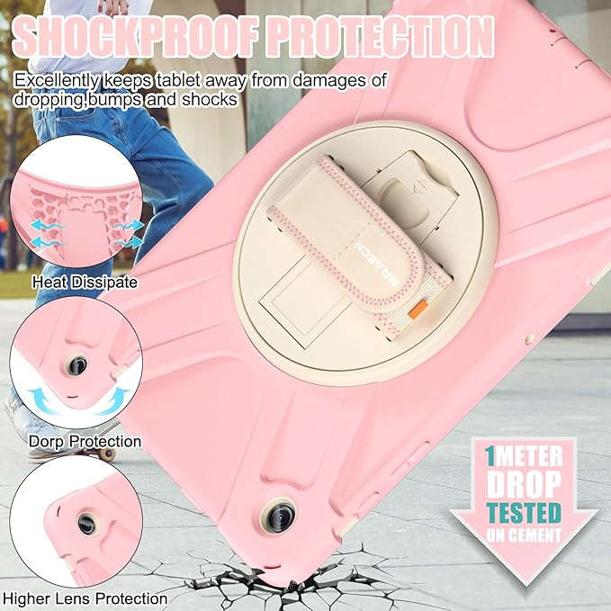 BRAECNstock Kids Case for Samsung Galaxy Tab A9+ Plus 11 inch (SM-X210/X216/X218) Shockproof Protective Tab A9+ 5G Case with Screen Protector Pen Holder [Rotating Hand Strap+Stand], Sakura Pink