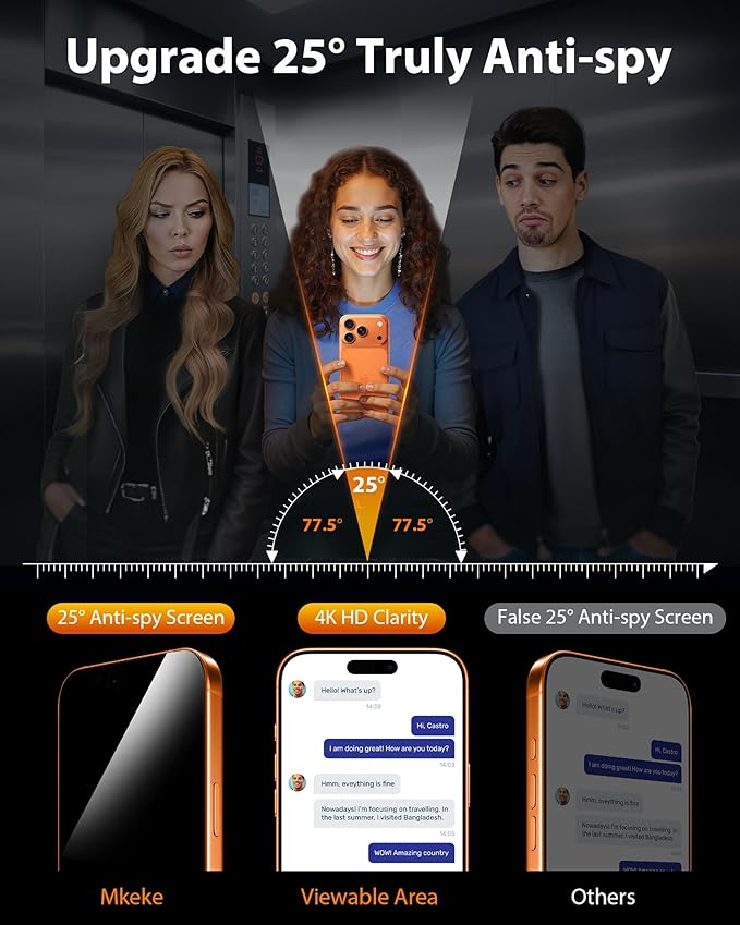 Mkeke for iPhone 17 Pro Max Privacy Screen Protector 3 Pack, 25° Anti Spy & Auto Installation Privacy Screen Protector 9H+ Hardness Full Edge Coverage Tempered Glass for iPhone 17 Pro Max 6.9 inch 2025