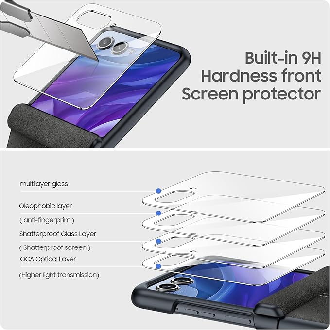 for Motorola razr+ Plus 2024 Case/Razr+ Plus 2025 Case Built-in Screen Protector& Hinge Protection & Ultra Thin PU Leather Matte PC Shockproof Phone Case for Moto Razr+ 2024/2025 (Black Gray)