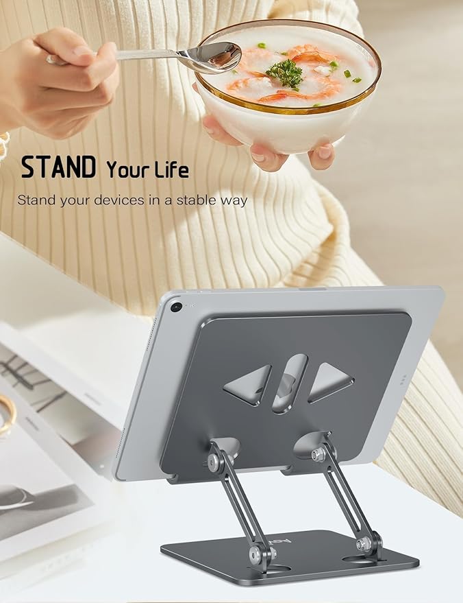 Adjustable Tablet Stand Holder for Desk, Desktop Tablet Holder, Foldable Aluminum Tablet Mount for iPad pro 12.9, iPad Air Mini, Samsung Galaxy Tabs Z Fold Kindle Fire,4-12 inch, Grey