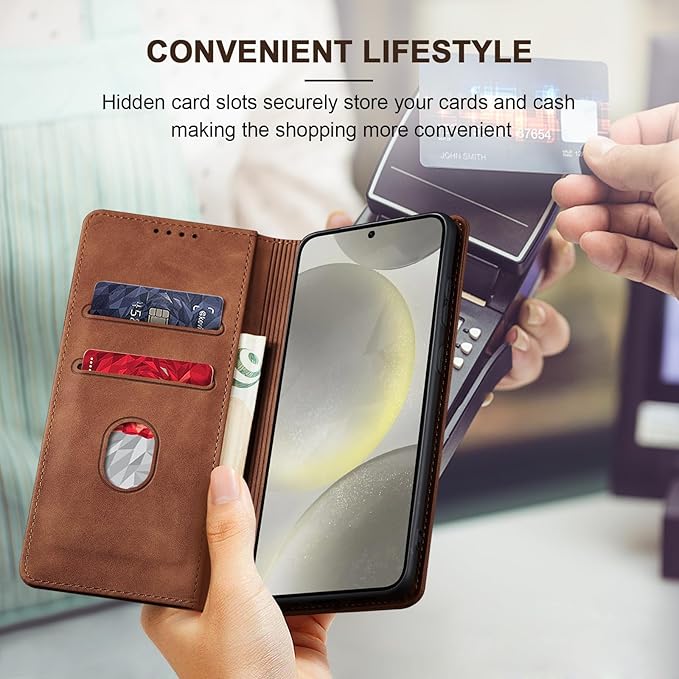 Jasonyu Flip Wallet Case for Samsung S24 Plus/S24+ 5G,Leather Magnetic Folio Cover with Card Holder,Kickstand - TPU Shockproof Durable Protective Phone Case,Brown