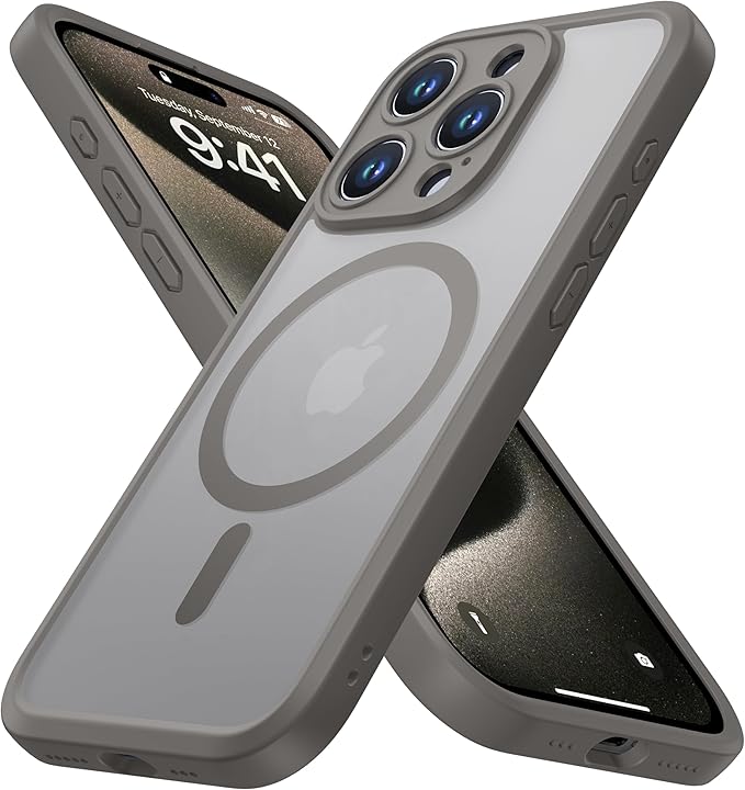 ImpactStrong Magnetic Guard Designed for iPhone 15 Pro Max Case [Camera Protection] [Military Grade Drop Tested] [Compatible with MagSafe] Slim Translucent Matte Phone Case (6.7") - Gray