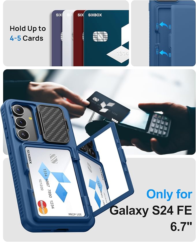 for Samsung Galaxy S24 Fe Case with Card Holder & Kickstand & Camera Lens Cover, Shockproof Rugged Silicone Raised Edge Protective Stand Wallet Phone Cover Case for Samsung S24 Fe 2024, Blue