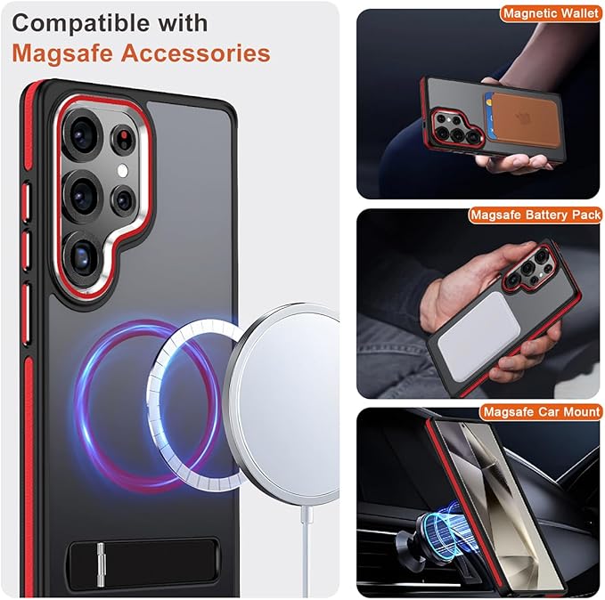 for Samsung Galaxy S25 Ultra Case, Shockproof S25 Ultra Phone Case with Kickstand, Anti-Skid Case Fits for Magsafe, Camera Frame with Raised Protection for Galaxy S25 Ultra Cover (Black/Red)