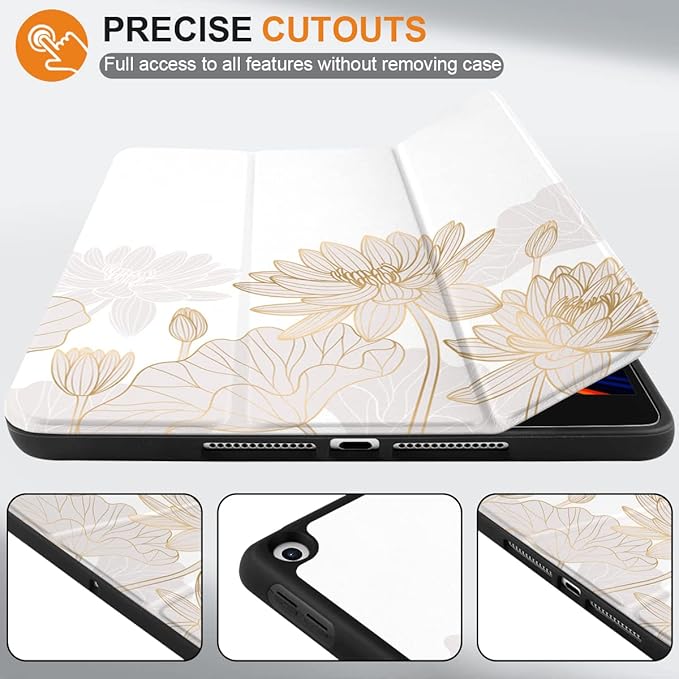 DONGKE Case Compatible with iPad 10.2 Inch 2021 2020 2019 iPad 9th/8th/7th Generation with Pencil Holder, Slim Stand Protective Case with Soft TPU Back, Auto Sleep/Wake Cover, Gold Lotus