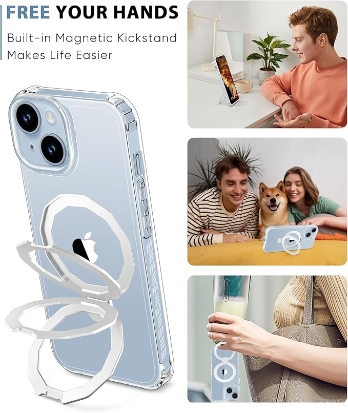 Compatible with iPhone 14 Plus Case, Built-in Screen Protector & Seamless Stand, with Camera Lens Protector, Strong Magnetic Clear Phone Case, Full Body Protective Cover for 6.7" (Clear)