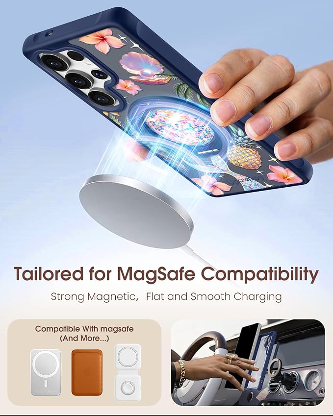 for Samsung Galaxy S25 Ultra Case with 360° Rotatable Magnetic Ring - Compatible with MagSafe, Semi-Transparent Anti-Fingerprint Soft-Touch Material Shockproof, Cute Y2K Design for Women Girl