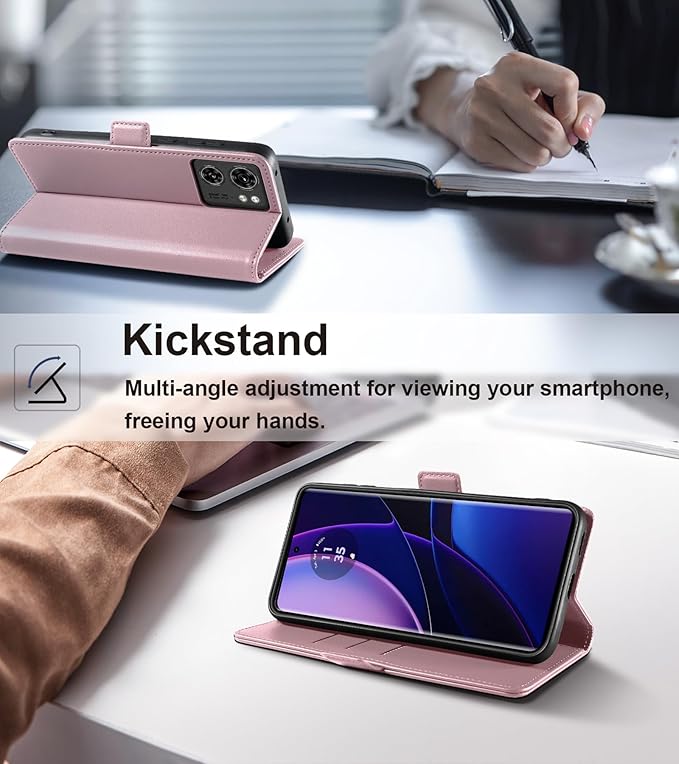 Wallet Flip Case for Motorola Edge (2023) - [RFID Blocking] Luxury PU Leather Card Holder Magnetic Phone Cover with Kickstand,Shockproof Protective Case,Pink