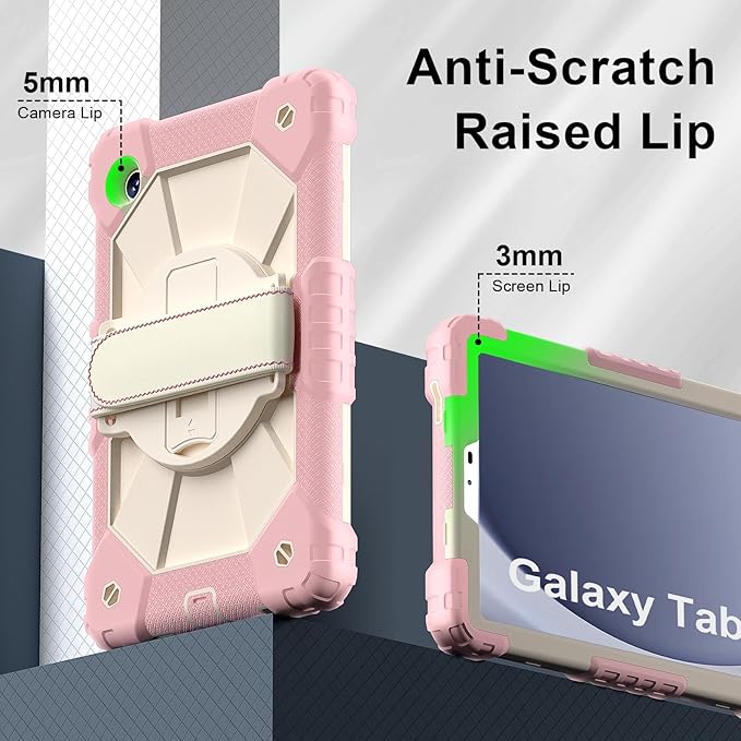 for Samsung Galaxy Tab A9 Case 8.7 inch (SM-X110/X115/X117), Heavy Duty Shockproof Silicone Cover Rugged 360 Stand Hand Shoulder Strap for Galaxy A9 Tablet Rose Red+Cream Stone