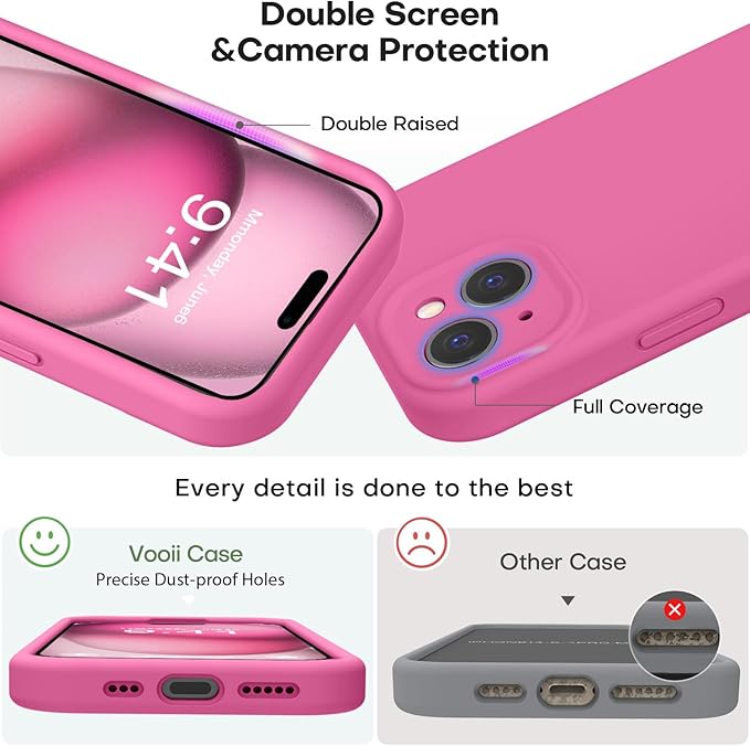 Vooii Compatible with iPhone 15 Plus Case, Upgrade Liquid Silicone [Enhanced Camera Protection] [Soft Anti-Scratch Microfiber Lining] Shockproof Phone Case for iPhone 15 Plus 6.7 inch - Pitaya