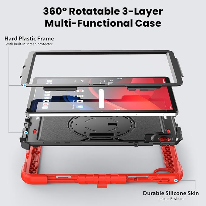 Case for Lenovo Tab K11 11'' 2024 / M11 TB330FU /Lenovo Xiaoxin Pad 2024 TB331FC, with Screen Protector, Hand Strap, Shoulder Strap, Rotating Stand Red