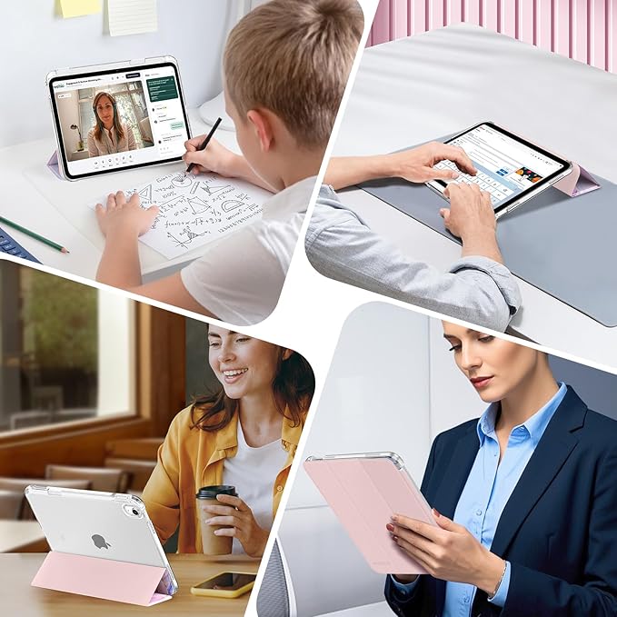 MoKo for iPad (A16) 11th Generation Case 11 Inch 2025, iPad 10th Gen Case 10.9 Inch 2022 with Pencil Holder, Slim Light Trifold Protective Cover with Hard PC Transparent Back Shell, Light Pink Marble