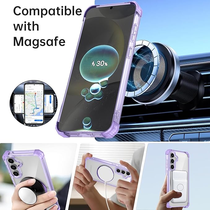 for Samsung Galaxy S24 Plus Case Compatible Wireless Charging Magnetic,with Screen Protector,for S24+Plus Phone Case with 360°Stand Ring Military Grade Shockproof Heavy Duty Protection Purple