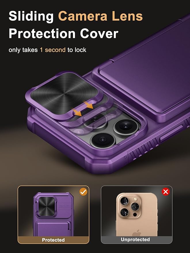 Vihibii for iPhone 16 Pro Case Wallet with Card Holder (4 Cards) [RFID Blocking] & Slide Camera Cover, Military Grade Drop Protection, Hard Back & Silicone Edge Phone Cover, 6.3" 2024, Dark Purple