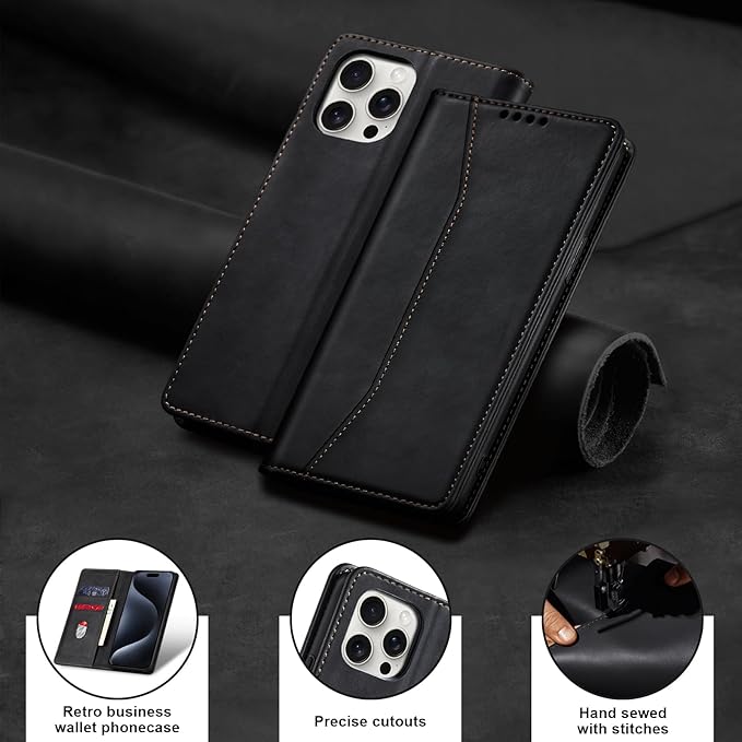 Jasonyu Flip Wallet Case for iPhone 15 Pro,Leather Magnetic Folio Cover with Card Holder,Kickstand - TPU Shockproof Durable Protective Phone Case,Black