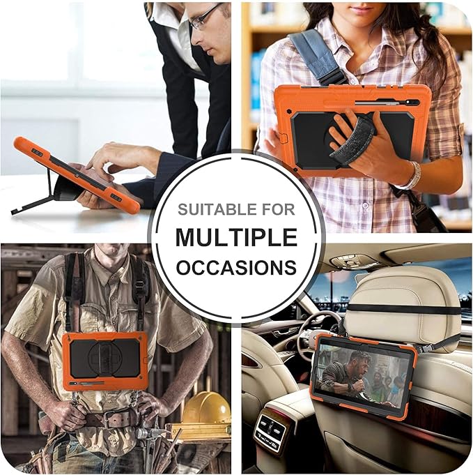 Tablet Case for Samsung Galaxy Tab S8 Plus 2022/S7 FE/S7 Plus 5G 12.4" [with 9H Tempered Glass Screen Protector],Rotating Kickstand/S Pen Holder/Shoulder & Hand Strap (Orange)