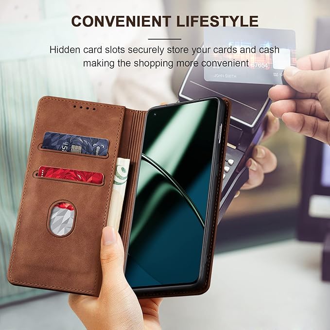 Jasonyu Flip Wallet Case for OnePlus 11 5G,Leather Magnetic Folio Cover with Card Holder,Kickstand - TPU Shockproof Durable Protective Phone Case,Brown