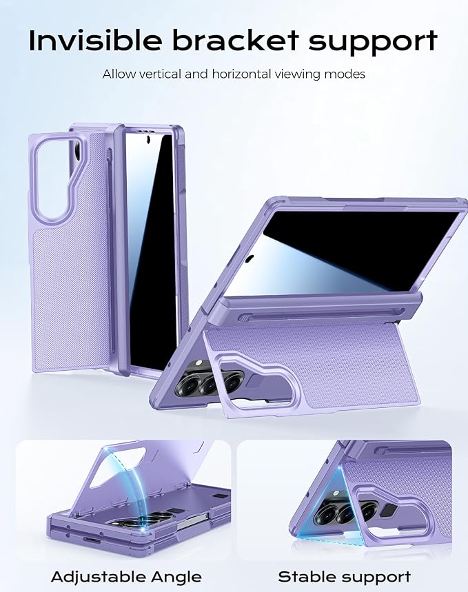 for Galaxy Z Fold 6 Case, S Pen Holder & Privacy Screen Protector & Kickstand & Hinge Protection, Slim Rugged Military-Grade Shockproof Protective Phone Case for Samsung Fold 6 Case (Purple)