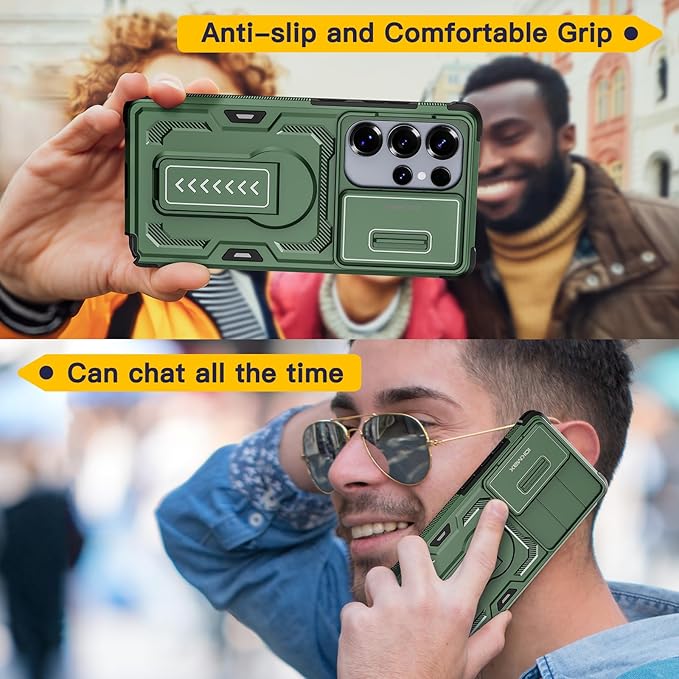 for Samsung Galaxy S25 Ultra Case with 2*Screen Protector, Slide Camera Cover, Kickstand, Lanyard Strap, Military Grade Shockproof Protective Heavy Duty Non-Slip for S25 Ultra Case-6.9'', Green