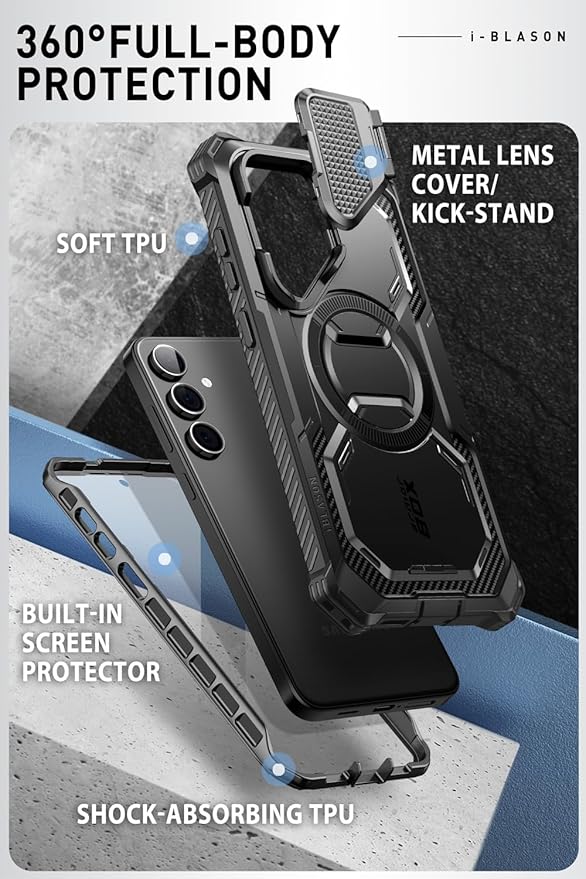 i-Blason for Samsung Galaxy S24 Case with Camera Cover Stand, [Compatible with MagSafe] [Built-in Screen Protector], Anti-Fall Magnetic Phone Case for Samsung Galaxy S24 6.2", Black