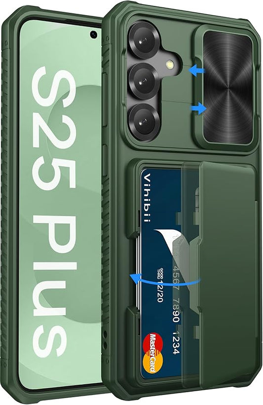 Vihibii for Samsung Galaxy S25+ Plus Wallet Case, Built-in Card Holder (4 Cards), [RFID Blocking] & Slide Camera Cover, Military Grade Drop Protection, TPU Soft Edge Case for Galaxy S25+ Plus, Green