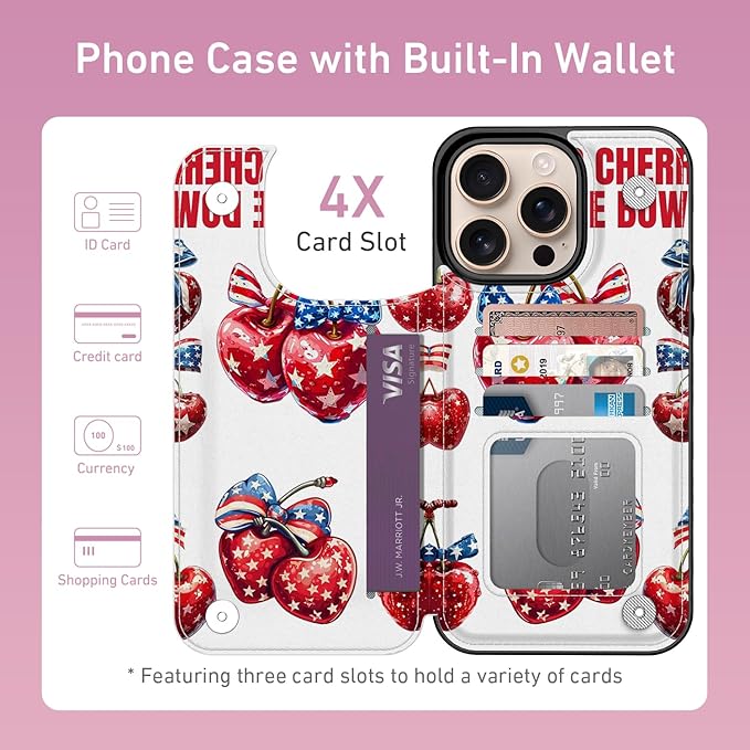 FUNMIKO for iPhone 16 Pro Max Wallet Case with Card Holder, RFID-Blocking, Military-Grade Protection & UV-Printed Artwork, Magnetic Closure with Leather Kickstand - Cherries with Bow