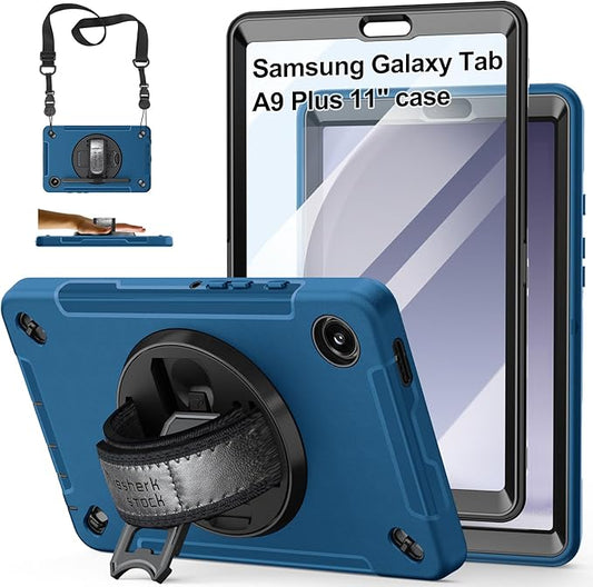 Case for Galaxy Tab A9 Plus 5G 2023: Heavy Duty TPU Cover for Samsung Tablet A9+ 11 Inch with Screen Protector- Stand - Handle - Shoulder Strap -S-Pen Holder- Blue