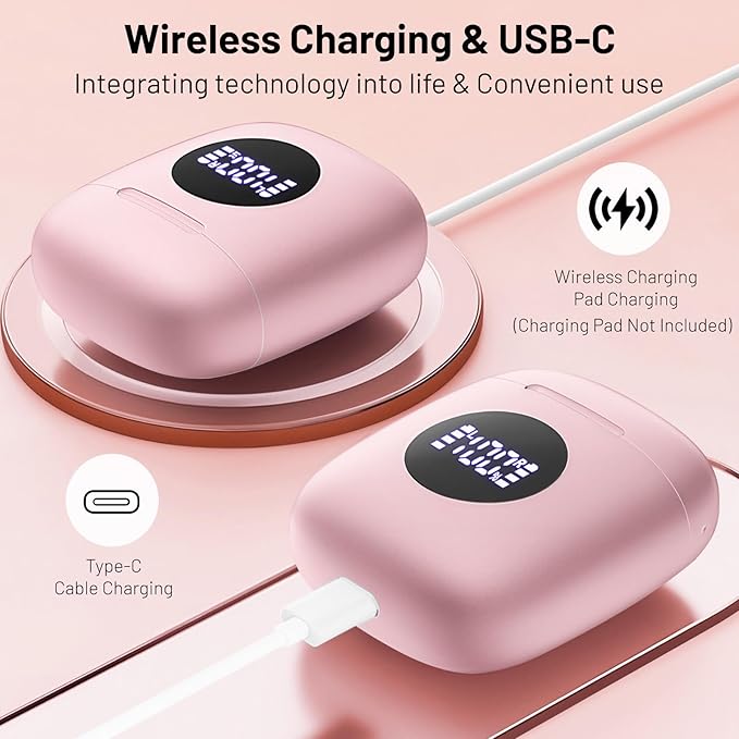 Wireless Earbuds, Bluetooth Headphones Stereo Ear Buds with Noise Cancelling Mic, 50H Playback with LED Display Charging Case, IP7 Waterproof in-Ear Earphones for Phone Laptop Sports, Pink