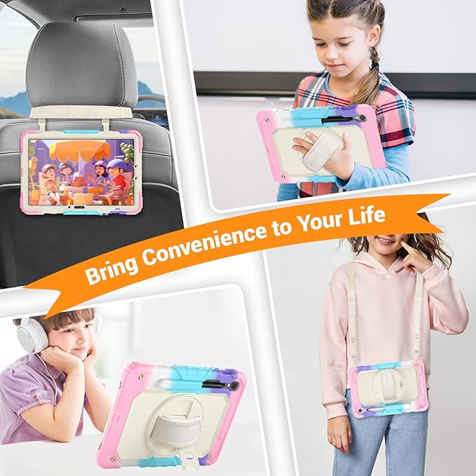 SEYMAC Case for Samsung Galaxy Tab S10 Lite/ S10 FE/ S9 FE/ S9 5G (10.9''/11''), Heavy Duty Shockproof Protective Case with Screen Protector, Rotating Stand, Hand Strap and Pen Holder, Pink