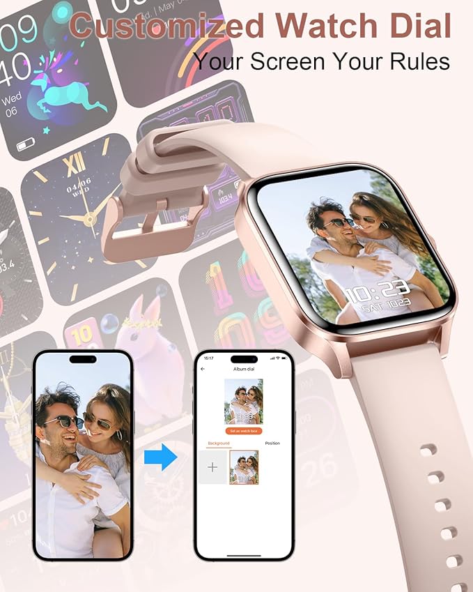 Smart Watch for Women, 1.85"HD Fitness Tracker (Answer/Make Call/Messages), 130+ Sport Modes with 24/7 Heart Rate/Sleep Monitor/Pedometer, IP68 Waterproof, Smartwatche for Android&iOS (Rose Gold)