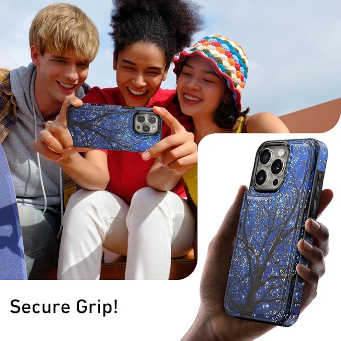 FUNMIKO for iPhone 14 Pro Wallet Case with Card Holder, RFID-Blocking, Military-Grade Protection & UV-Printed Artwork, Magnetic Closure with Leather Kickstand - Dreamy Wishing Tree