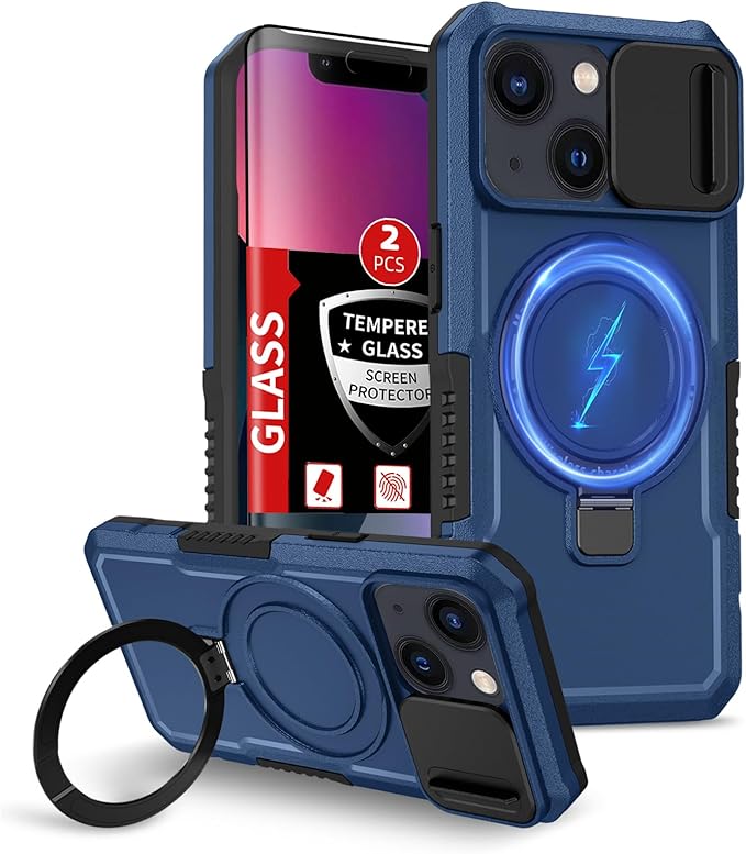 for iPhone 13 Case Magnetic Compatible with MagSafe Wireless Charging,with 2 Screen Protectors,for 13 Case Built-in Kickstand+Camera Cover Anti-Scratch Shockproof Heavy Duty Protection Blue