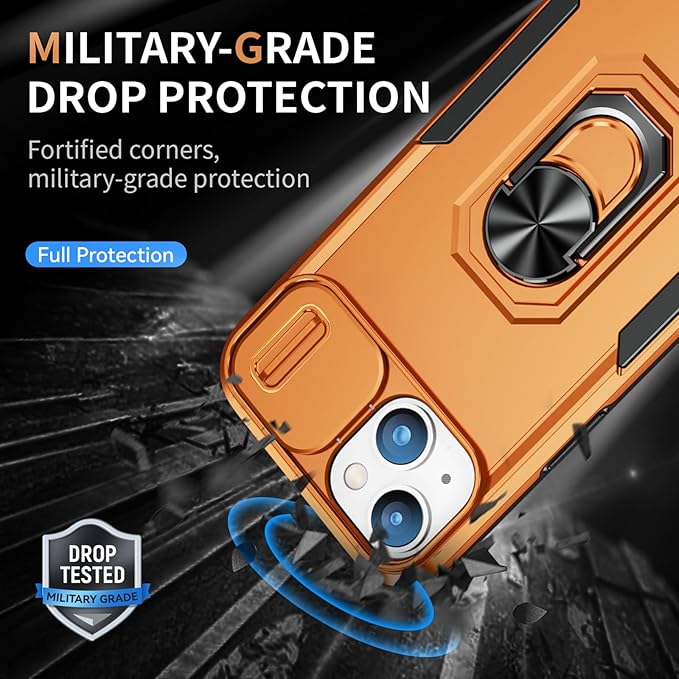 Phone Case for iPhone 14 Plus Case with Camera Lens Cover, with Ring Holder Kickstand, fit Magnetic Car Mount, for iPhone 14 Plus - Orange