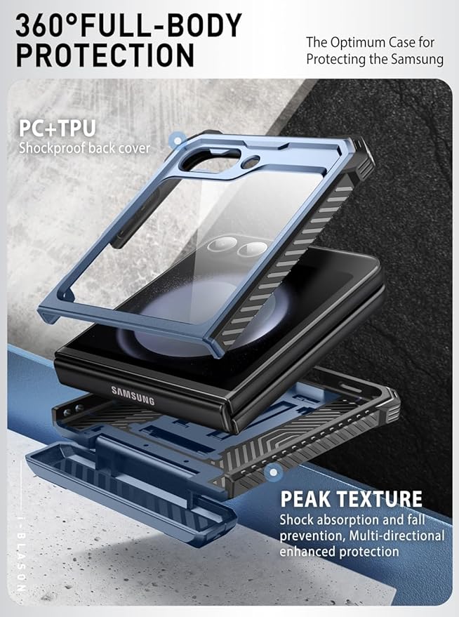 i-Blason for Samsung Galaxy Z Flip 7 FE Case, Z Flip6 Case with Stand, [Built-in Screen Protector] [Hinge Protection] [Belt-Clip], Military Phone Case for Samsung Z Flip 7 FE/6/5, Armorbox, Blue