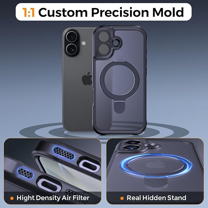 MOCCA Compatible with iPhone 17 Case with Magnetic Invisible Stand [Full Camera Protection] [Compatible with Magsafe] Military Drop Shockproof Translucent Matte Phone Case Cover 6.3",Black