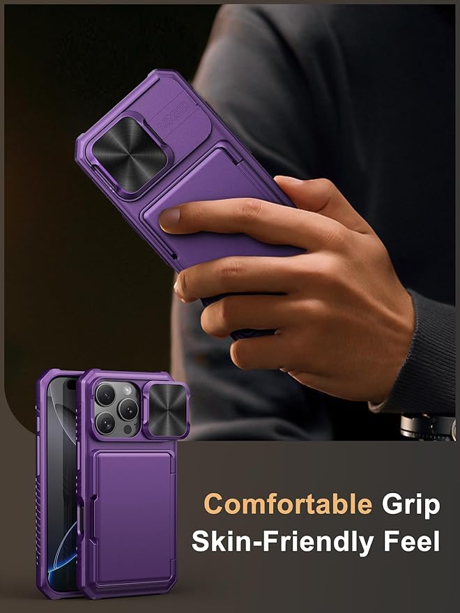 Vihibii for iPhone 16 Pro Case Wallet with Card Holder (4 Cards) [RFID Blocking] & Slide Camera Cover, Military Grade Drop Protection, Hard Back & Silicone Edge Phone Cover, 6.3" 2024, Dark Purple