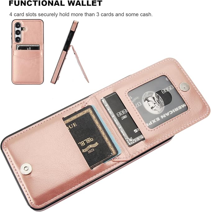 KIHUWEY for Samsung Galaxy S24 Case Wallet with Credit Card Holder, Flip Premium Leather Magnetic Clasp Kickstand Heavy Duty Protective Cover for Samsung Galaxy S24 6.2" (Rose Gold)