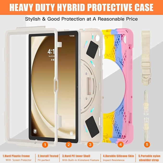 TSQQST Case for A9+ Plus 11" 2023 for Kids Girls with Screen Protector Stand&Hand Shoulder Strap | Rugged Protective Case for A9 Plus Tablet SM-X210/X216/X218-Rainbow Pink