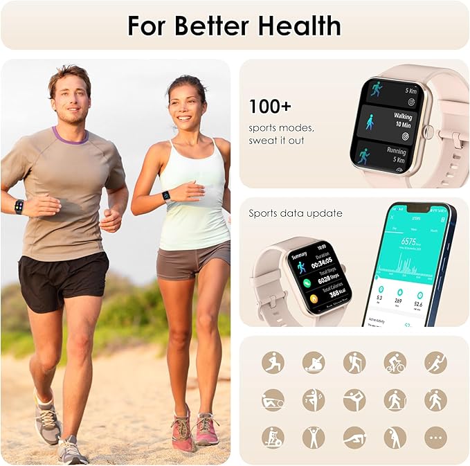 IOWODO Smart Watch(Answer/Make Call), 1.85" Smart Watches for Women, 100+ Sport Modes, Pedometer, IP68 Waterproof Fitness Tracker, Heart Rate/Sleep Monitor, Smart Watches for Android & iOS (2 Straps)