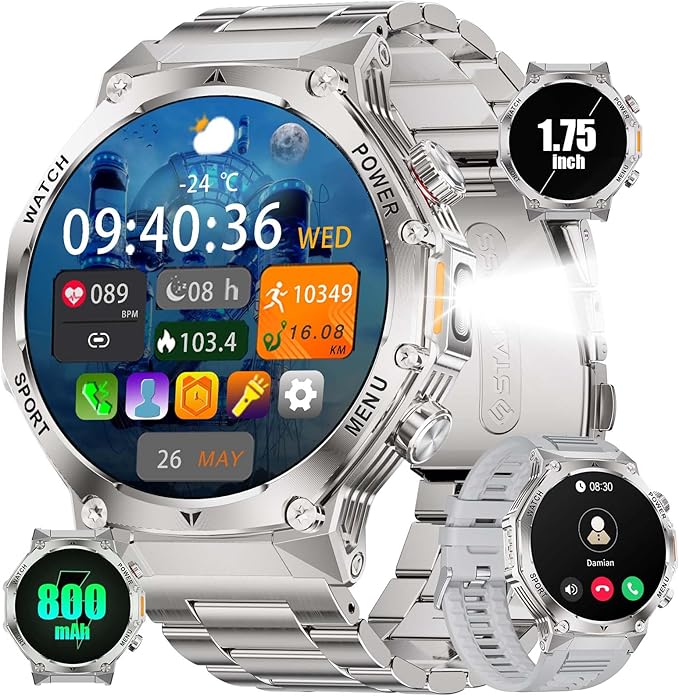 SUNKTA EF15 Military Smart Watch for Men, 1.75" HD Large Screen Smartwatch, 110+ Sport Mode Fitness Tracker, Bluetooth Call/LED Flashlight/Pedometer/IP68 Waterproof Mens Smart Watches for Android iOS