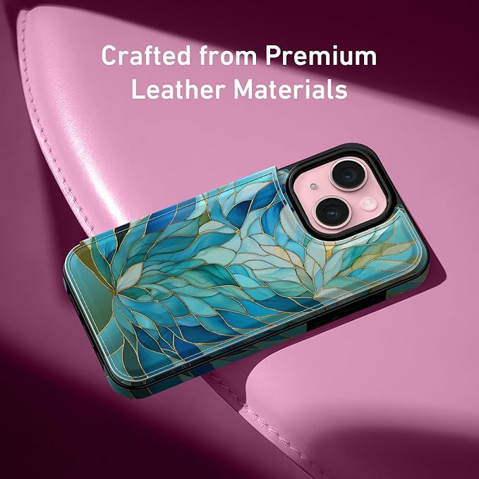 FUNMIKO for iPhone 14 Plus Wallet Case with Card Holder, RFID-Blocking, Military-Grade Protection & UV-Printed Artwork, Magnetic Closure with Leather Kickstand - Sleek Cyan Leaf