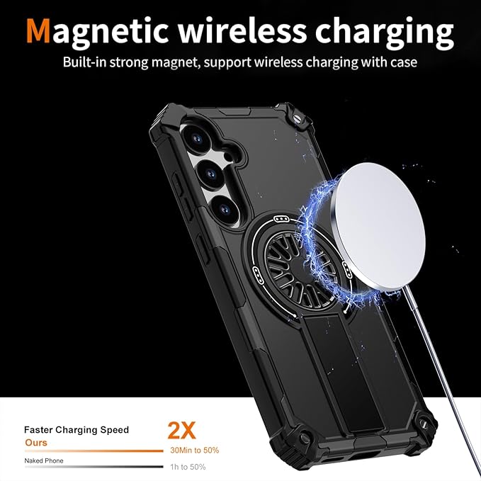 Magnetic Case for Galaxy S24 Plus/S25 Plus, Built-in Stand [Compatible with Mag-Safe] Shockproof Protective Cover Case for Samsung Galaxy S24 Plus/S25 Plus Black